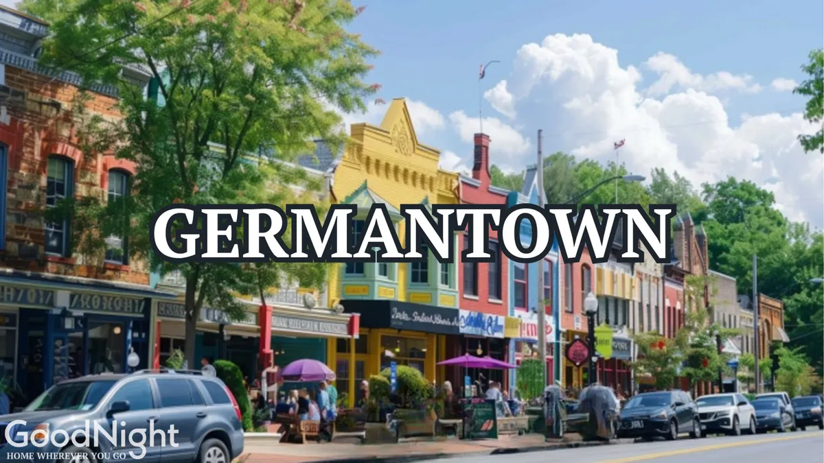 A lively streetscape lined with colorful storefronts, people walking and mingling, and outdoor seating shaded by green trees. The scene radiates a vibrant neighborhood feel and invites passersby to explore local shops and eateries.