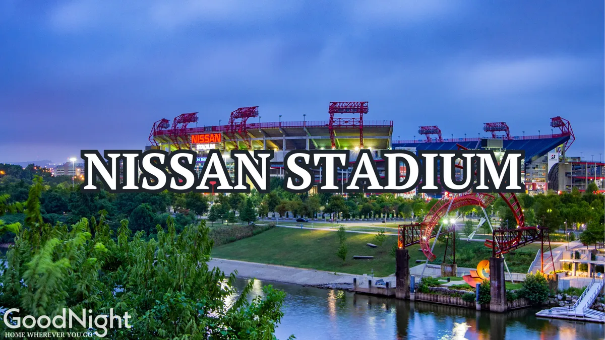 A panoramic view of Nissan Stadium, set beside a scenic river and surrounded by a spacious park. The image shows people enjoying the outdoors, with the stadium as a focal point, hinting at sports events and city life.
