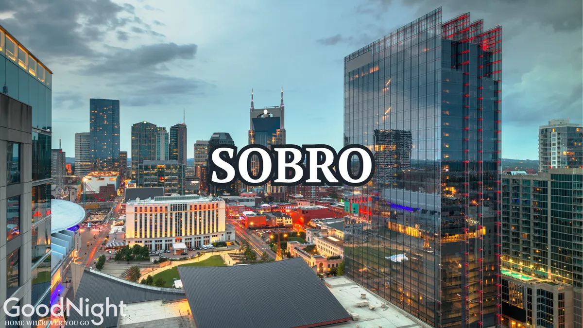 A panoramic nighttime view of the Nashville city skyline, featuring illuminated buildings and the word 'SOBRO' lit up, suggesting energy and urban excitement. The scene hints at the city's vibrant nightlife and bustling entertainment district.